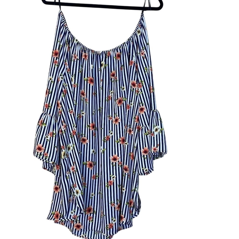 Misia Womens 2X Blue White Striped Floral Cold Shoulder Bell Sleeve Tunic Top‎